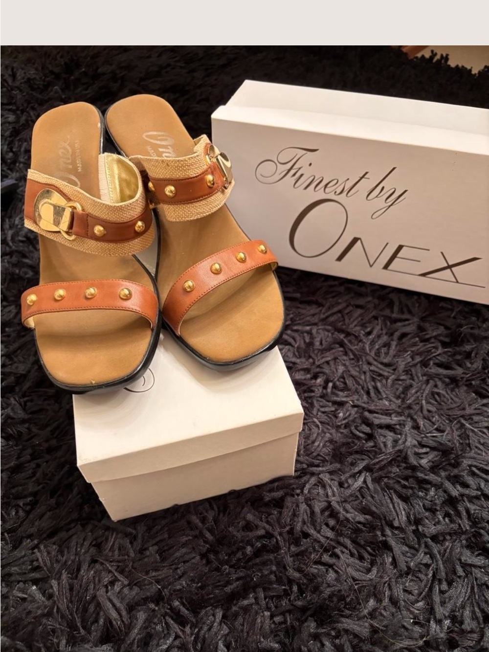 Onex Brown & Tan Leather Slide Mules with Gold Stud Accents